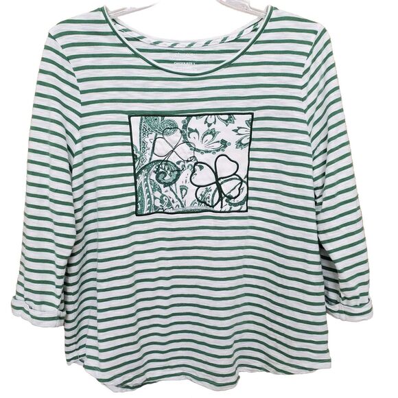 Chico's Ultimate Tee Cotton Striped Green Scoop Neck Shamrock T-Shirt Sz 3 (XL) - Picture 1 of 7